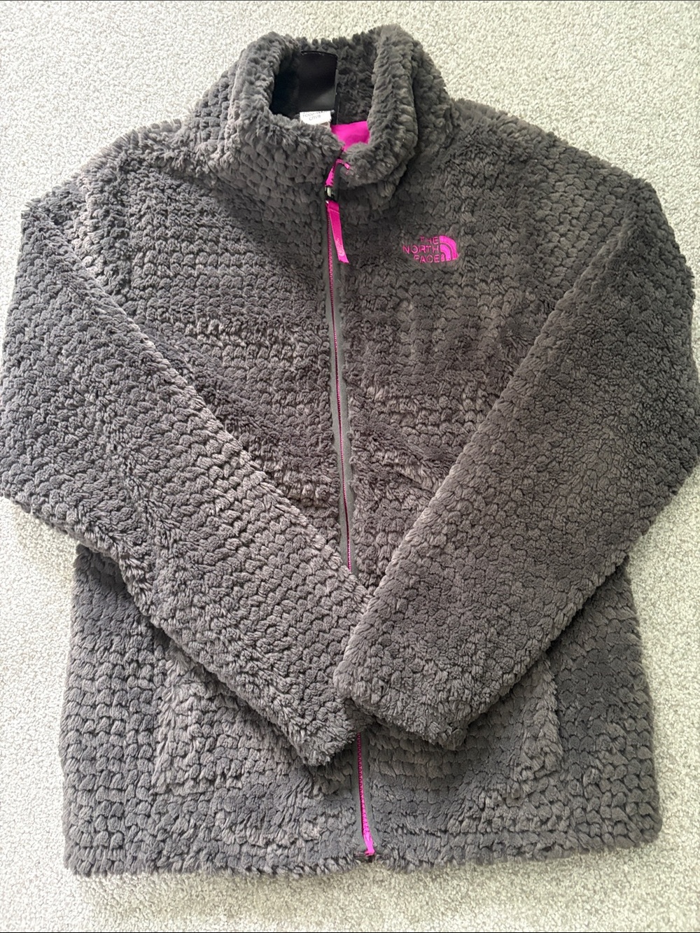 The North Face Charcoal Plush Fleece Jacket with Pink Trim